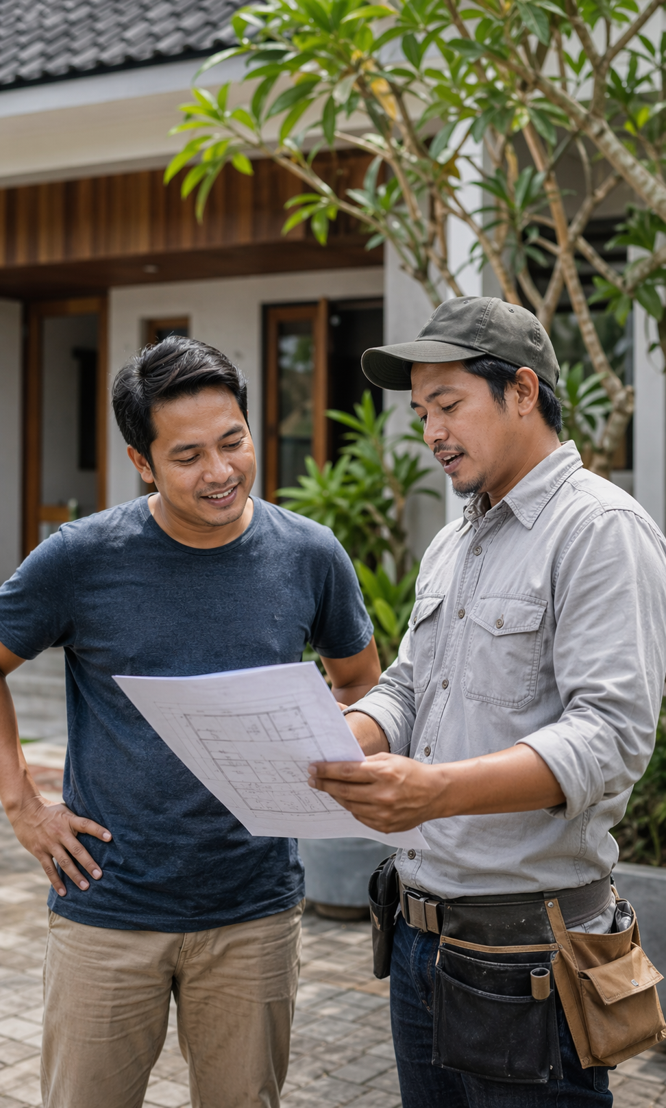 Pemilik rumah dan tukang Indonesia sedang meninjau rencana renovasi di depan rumah